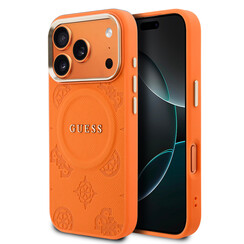 Guess iPhone 17 Pro/iPhone 18 Pro Coque arrière MagSafe Similicuir PU avec motif pivoine estampé à chaud - Orange