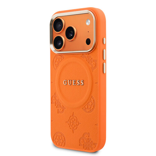 Guess Guess iPhone 17 Pro/iPhone 18 Pro Coque arrière MagSafe Similicuir PU avec motif pivoine estampé à chaud - Orange