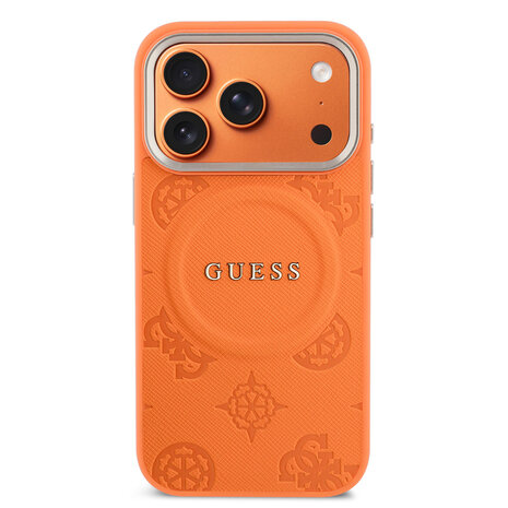 Guess Guess iPhone 17 Pro Backcover hoesje - Magsafe - PU Leather Peony Hot Stamp Design - Oranje