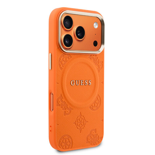 Guess Guess iPhone 17 Pro/iPhone 18 Pro Coque arrière MagSafe Similicuir PU avec motif pivoine estampé à chaud - Orange