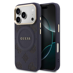 Guess iPhone 17 Pro/iPhone 18 Pro Coque arrière MagSafe Similicuir PU avec motif pivoine estampé à chaud - Bleu