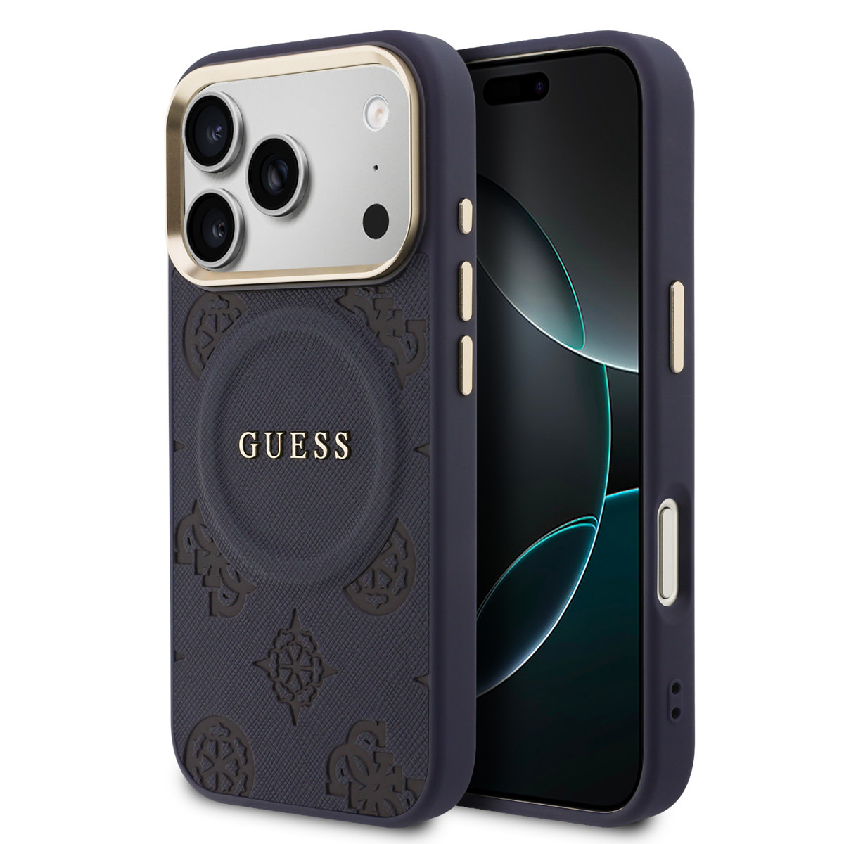 Guess Guess iPhone 17 Pro Backcover hoesje - Magsafe - PU Leather Peony Hot Stamp Design - Blauw