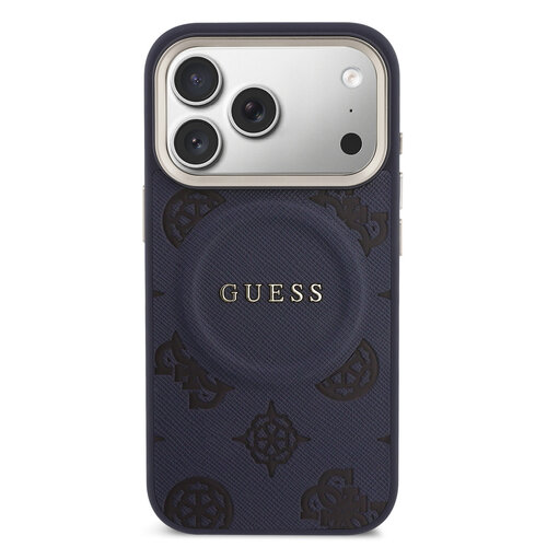 Guess Guess iPhone 17 Pro/iPhone 18 Pro Handyhülle MagSafe PU-Kunstleder mit geprägtem Pfingstrosenmotiv - Blau