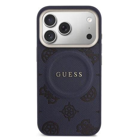 Guess Guess iPhone 17 Pro Backcover hoesje - Magsafe - PU Leather Peony Hot Stamp Design - Blauw