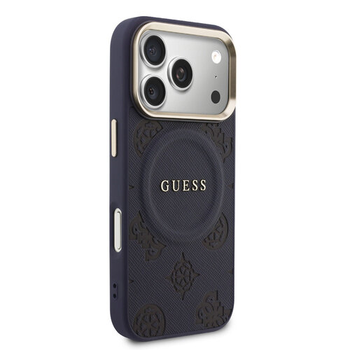Guess Guess iPhone 17 Pro/iPhone 18 Pro Handyhülle MagSafe PU-Kunstleder mit geprägtem Pfingstrosenmotiv - Blau