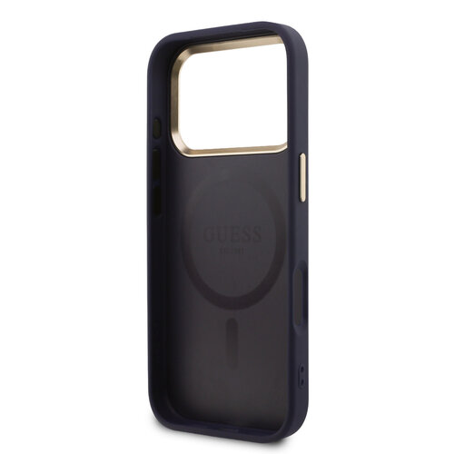 Guess Guess iPhone 17 Pro/iPhone 18 Pro Handyhülle MagSafe PU-Kunstleder mit geprägtem Pfingstrosenmotiv - Blau