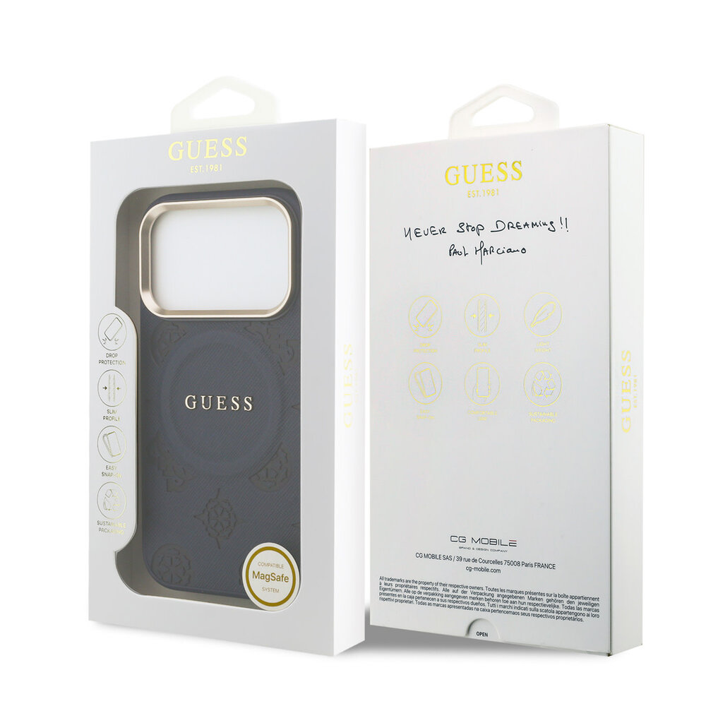 Guess Guess iPhone 17 Pro Back-Cover hul - Magsafe - PU Leather Peony Hot Stamp Design - Blau