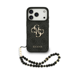Guess iPhone 17 Pro Backcover hoesje - 4G With Pearl Strap - Big Metal Logo - Zwart