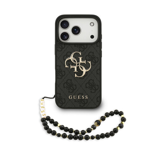 Guess Guess iPhone 17 Pro/iPhone 18 Pro Coque arrière 4G dragonne perlée Grand logo métallique - Noir