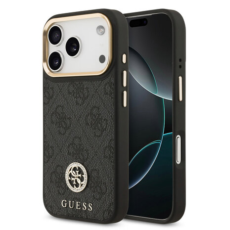 Guess Guess iPhone 17 Pro Backcover hoesje - MagSafe - 4G Strass Logo - Gold Edge - Zwart