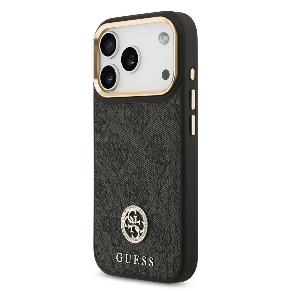 Guess Guess iPhone 17 Pro Back cover coque - MagSafe - 4G Strass Logo - Gold Edge - Noir
