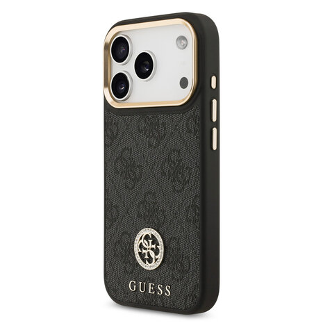 Guess Guess iPhone 17 Pro Backcover hoesje - MagSafe - 4G Strass Logo - Gold Edge - Zwart