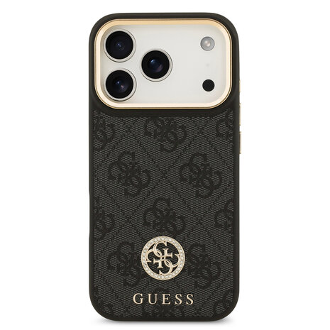 Guess Guess iPhone 17 Pro Back-Cover hul - MagSafe - 4G Strass Logo - Gold Edge - Schwarz