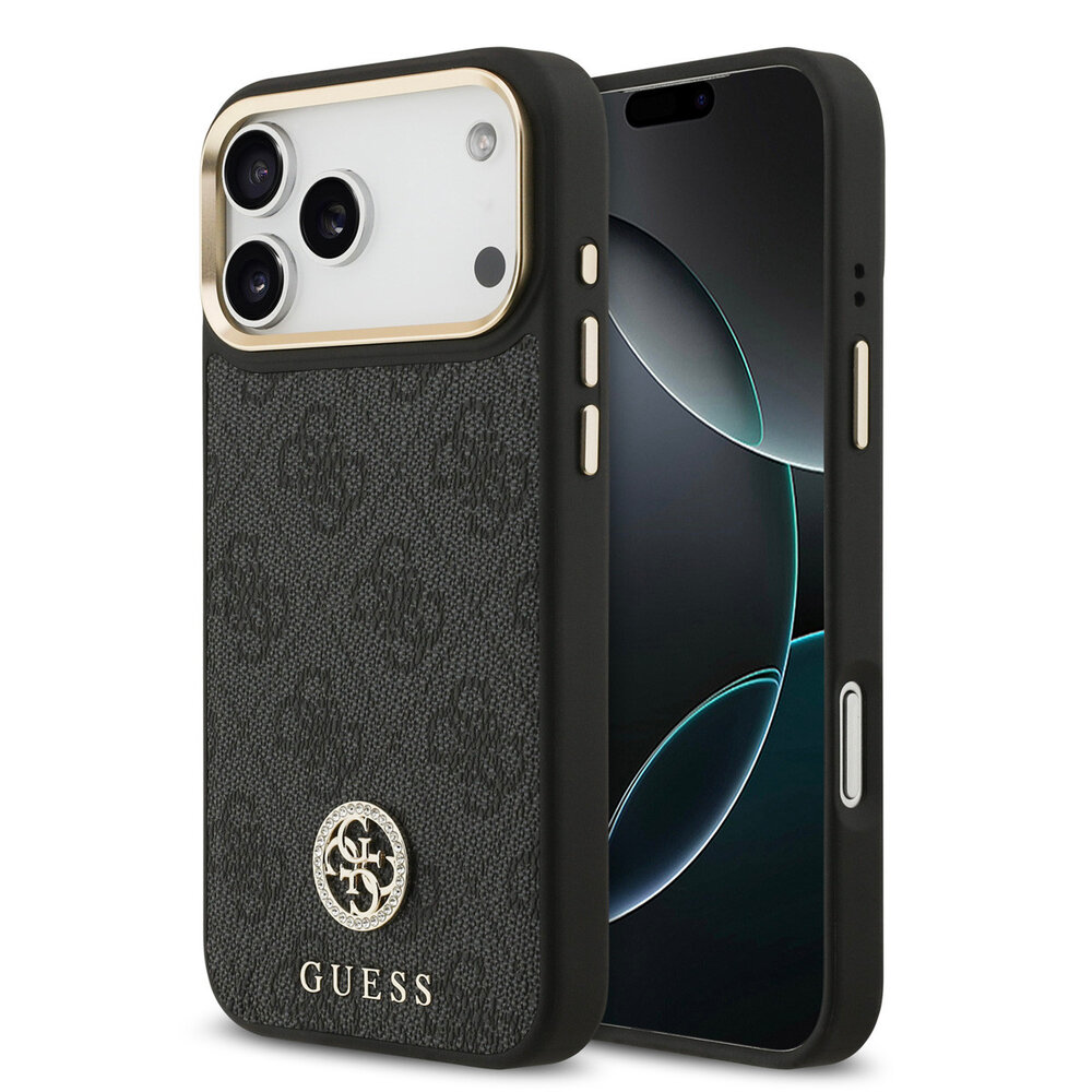 Guess Guess iPhone 17 Pro Max Back-Cover hul - MagSafe - 4G Strass Logo - Gold Edge - Schwarz