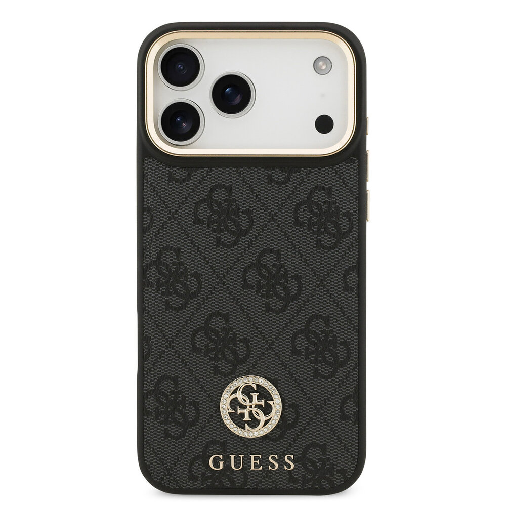 Guess Guess iPhone 17 Pro Max Backcover hoesje - MagSafe - 4G Strass Logo - Gold Edge - Zwart