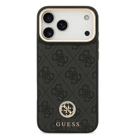 Guess Guess iPhone 17 Pro Max Back-Cover hul - MagSafe - 4G Strass Logo - Gold Edge - Schwarz