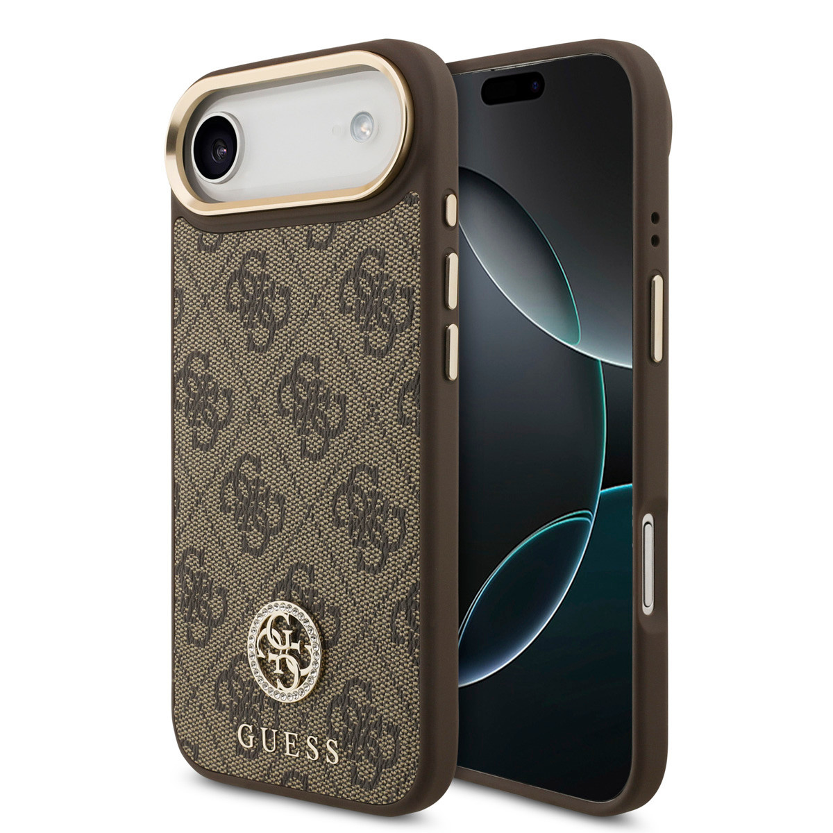 Guess Guess iPhone 17 Air Backcover hoesje - MagSafe - 4G Strass Logo - Gold Edge - Bruin