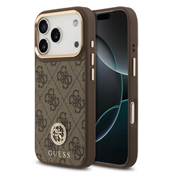 Guess iPhone 17 Pro/iPhone 18 Pro Coque - MagSafe - Logo 4G en strass - Bordure dorée - Marron