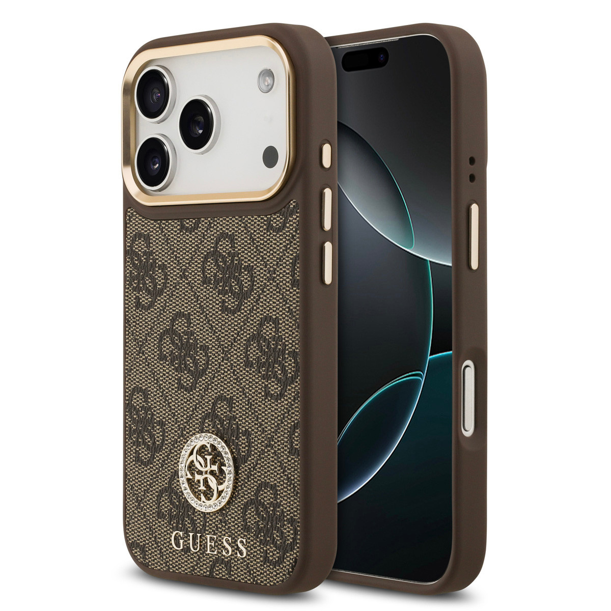 Guess Guess iPhone 17 Pro Backcover hoesje - MagSafe - 4G Strass Logo - Gold Edge - Bruin