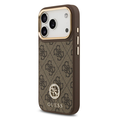 Guess Guess iPhone 17 Pro Backcover hoesje - MagSafe - 4G Strass Logo - Gold Edge - Bruin