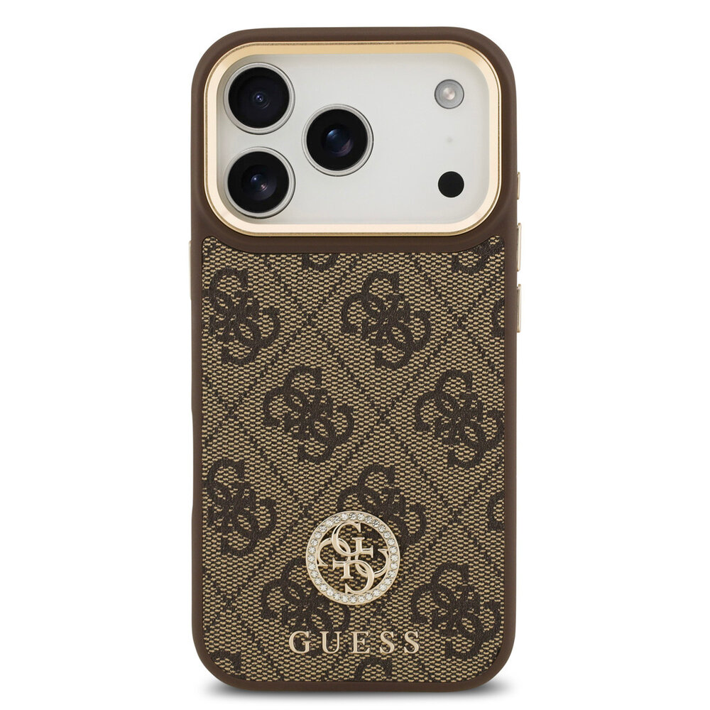 Guess Guess iPhone 17 Pro Backcover hoesje - MagSafe - 4G Strass Logo - Gold Edge - Bruin