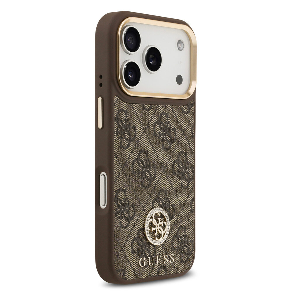 Guess Guess iPhone 17 Pro Backcover hoesje - MagSafe - 4G Strass Logo - Gold Edge - Bruin