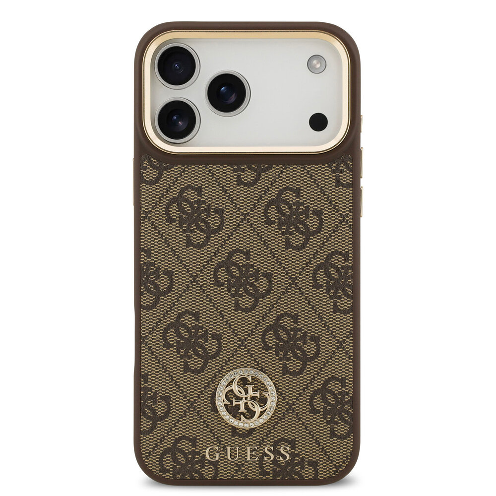 Guess Guess iPhone 17 Pro Max Back cover coque - MagSafe - 4G Strass Logo - Gold Edge - Marron