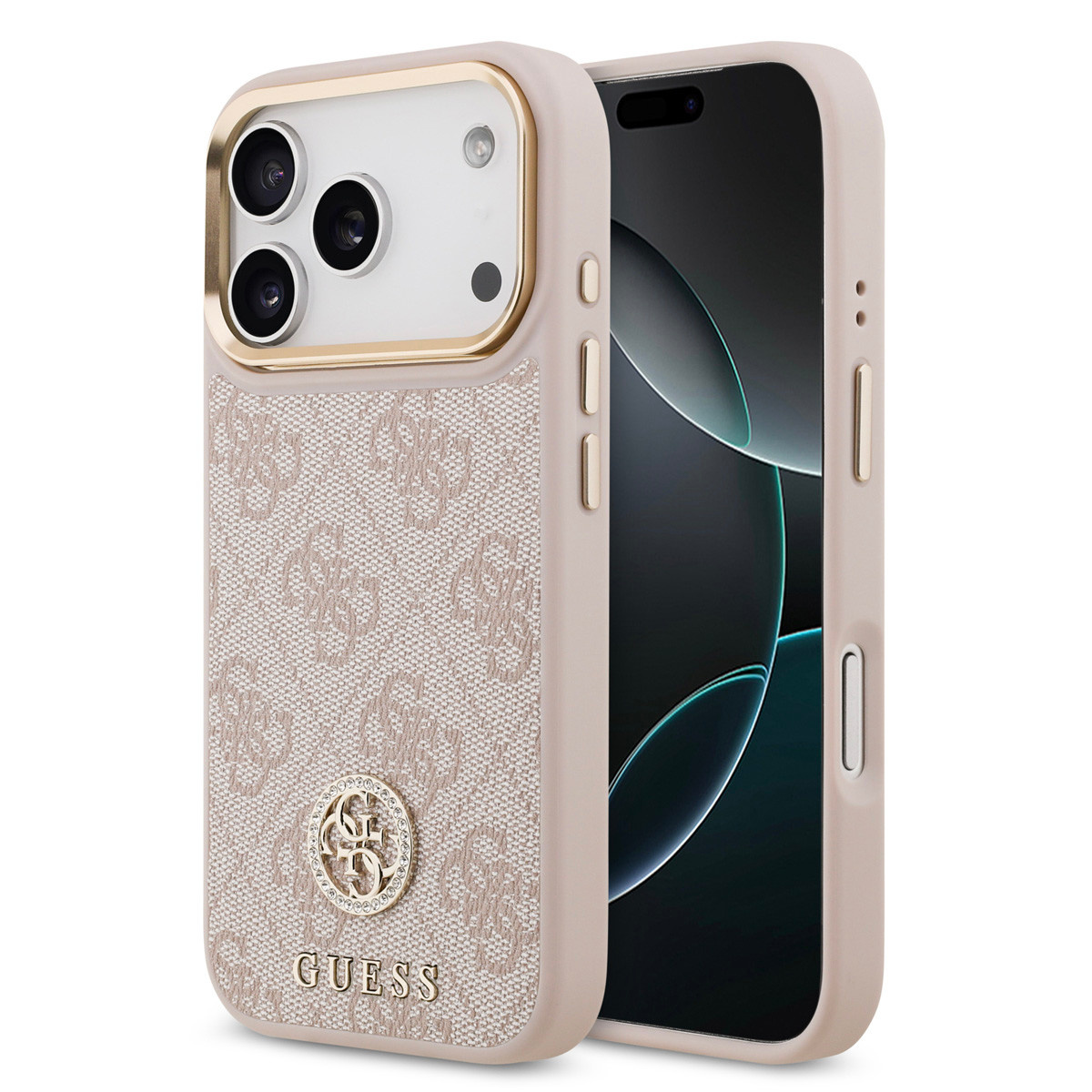 Guess Guess iPhone 17 Pro Backcover hoesje - MagSafe - 4G Strass Logo - Gold Edge - Roze