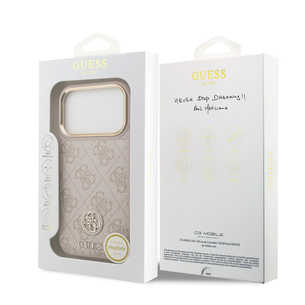 Guess Guess iPhone 17 Pro Back cover case - MagSafe - 4G Strass Logo - Gold Edge - Pink