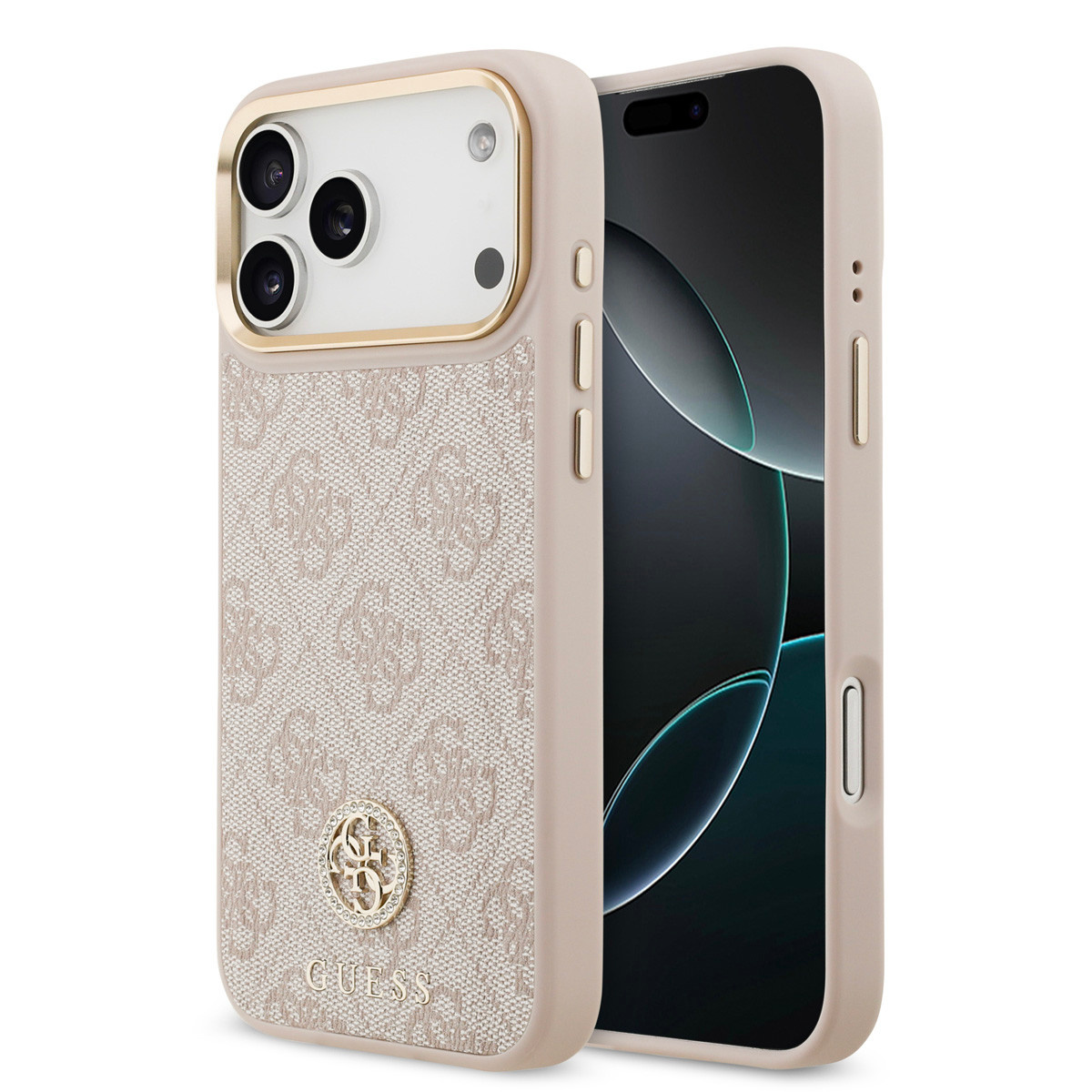 Guess Guess iPhone 17 Pro Max Backcover hoesje - MagSafe - 4G Strass Logo - Gold Edge - Roze