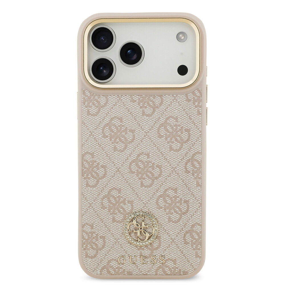 Guess Guess iPhone 17 Pro Max Back cover case - MagSafe - 4G Strass Logo - Gold Edge - Pink