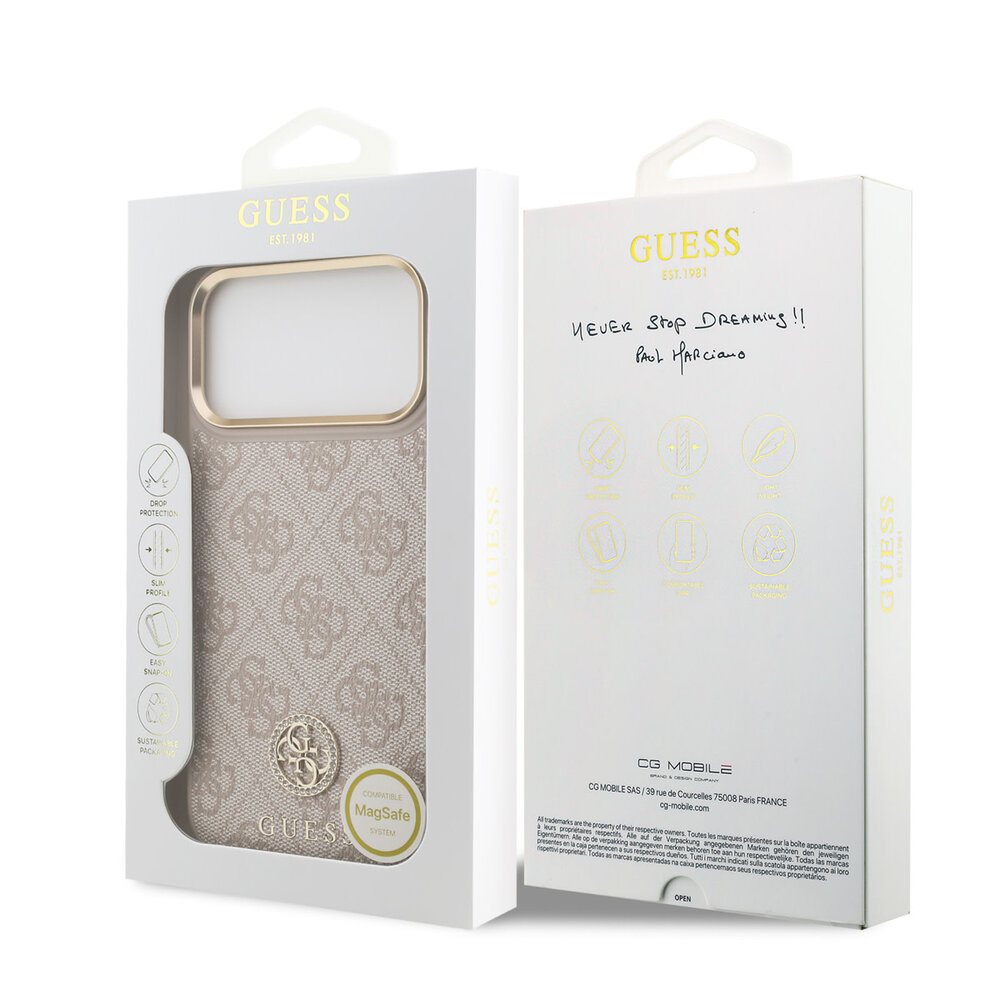 Guess Guess iPhone 17 Pro Max Back-Cover hul - MagSafe - 4G Strass Logo - Gold Edge - Rosa