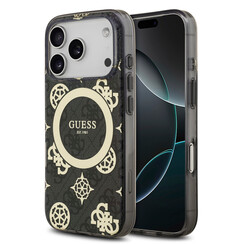 Guess iPhone 17 Pro Max/iPhone 18 Pro Max Handyhülle MagSafe Pfingstrosenmotiv auf 4G-Hintergrund - Schwarz