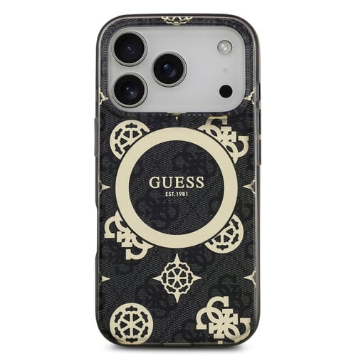 Guess Guess iPhone 17 Pro Max/iPhone 18 Pro Max Handyhülle MagSafe Pfingstrosenmotiv auf 4G-Hintergrund - Schwarz