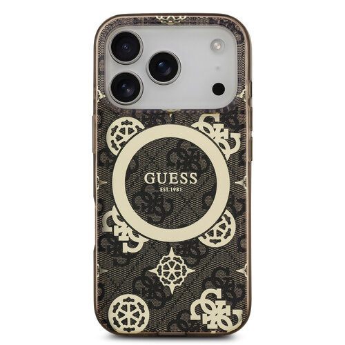 Guess Guess iPhone 17 Pro/iPhone 18 Pro Handyhülle MagSafe Pfingstrosenmotiv auf 4G-Hintergrund - Braun