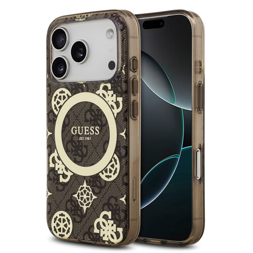 Guess Guess iPhone 17 Pro Max/iPhone 18 Pro Max Handyhülle MagSafe Pfingstrosenmotiv auf 4G-Hintergrund - Braun