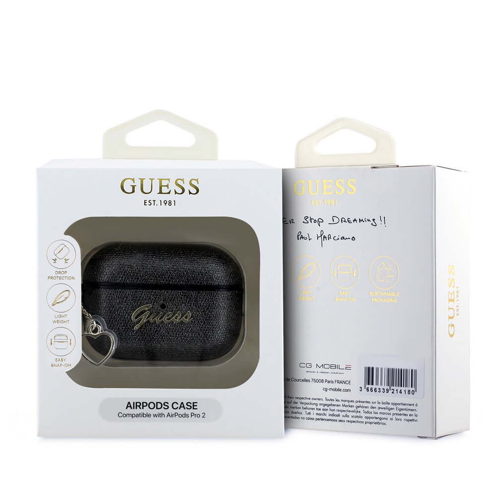 Guess Guess Airpods Pro & Pro 2 Case - Metallic Script - Heart Charm - Black