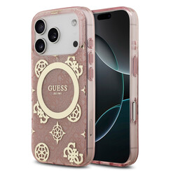 Guess iPhone 17 Pro/iPhone 18 Pro Coque arrière MagSafe Motif pivoine sur fond 4G - Rose