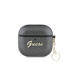 Guess Airpods 4 Case - Metallic Script - Heart Charm - Black