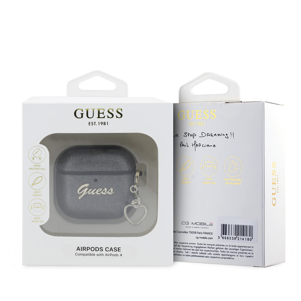 Guess Guess Airpods 4 Case - Metallic Script - Heart Charm - Black