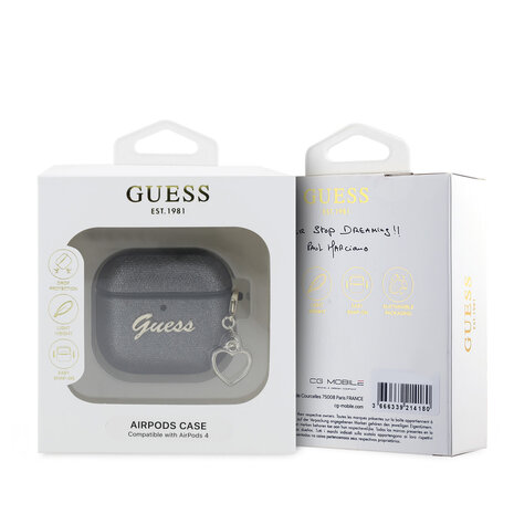Guess Guess Airpods 4 Case - Metallic Script - Heart Charm - Black