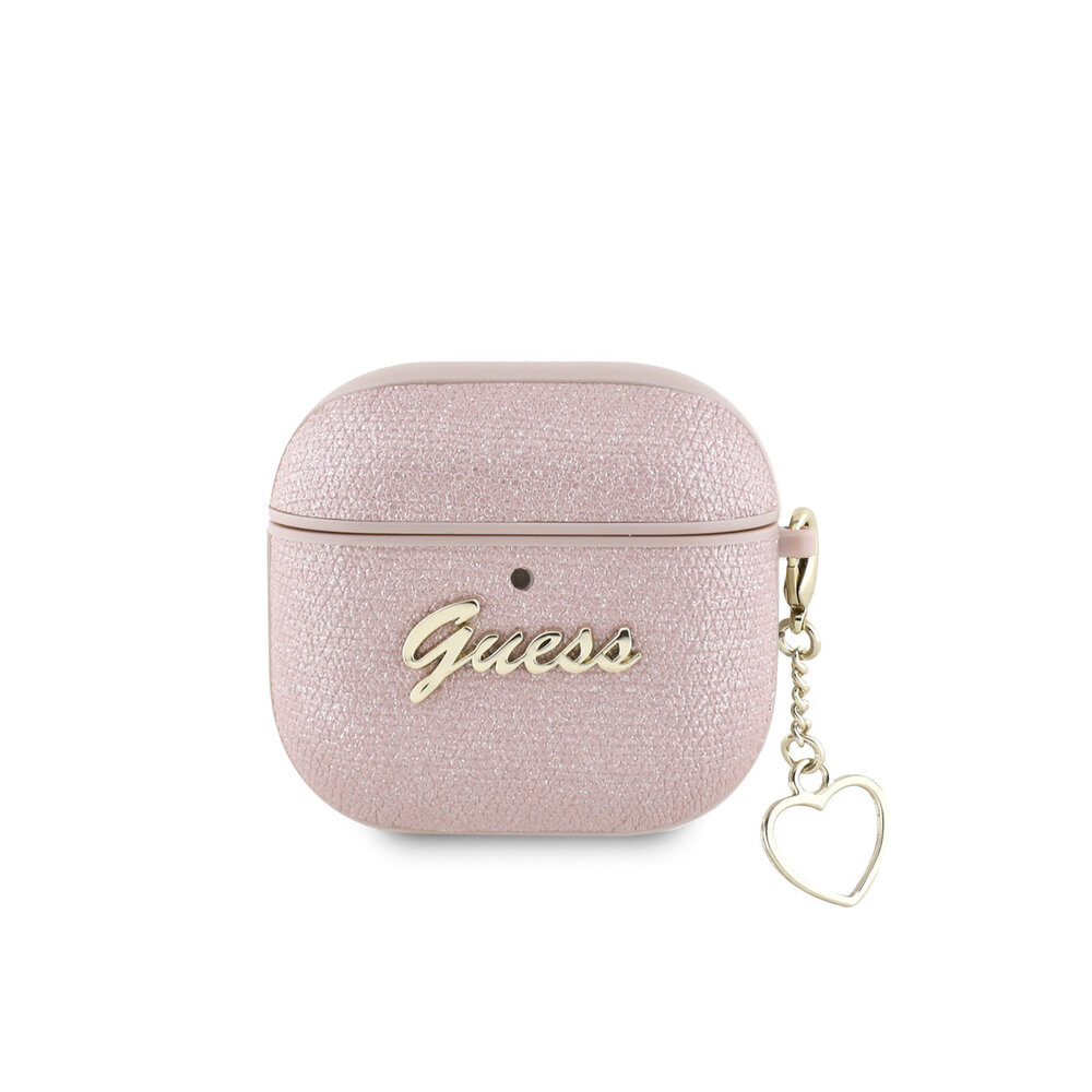 Guess Guess Airpods 4 Case - Metallic Script - Heart Charm - Pink