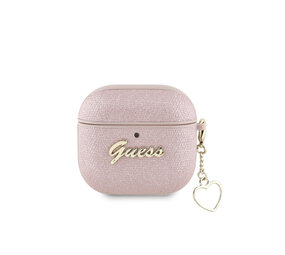 Guess Guess Airpods 4 Case - Metallic Script - Heart Charm - Pink