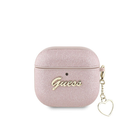 Guess Guess Airpods 4 Case - Metallic Script - Heart Charm - Pink