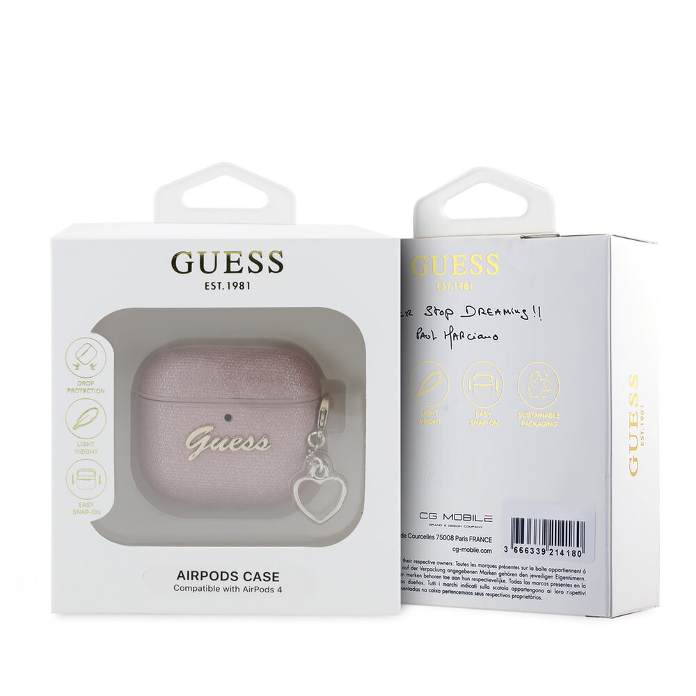 Guess Guess Airpods 4 Case - Metallic Script - Heart Charm - Pink