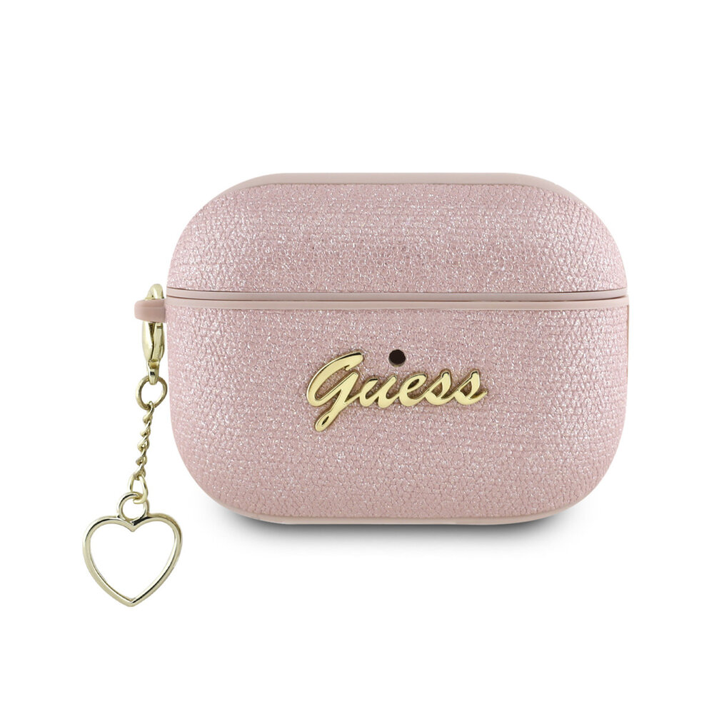 Guess Guess Airpods Pro & Pro 2 Case - Metallic Script - Heart Charm - Pink