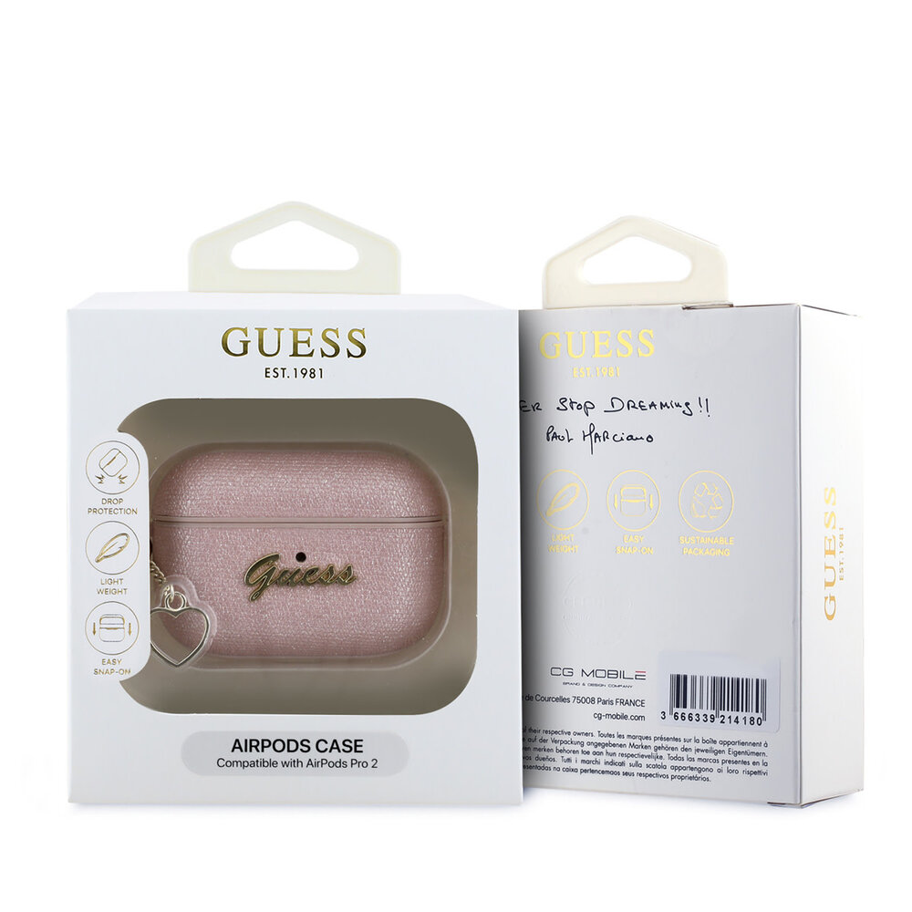 Guess Guess Airpods Pro & Pro 2 Case - Metallic Script - Heart Charm - Pink