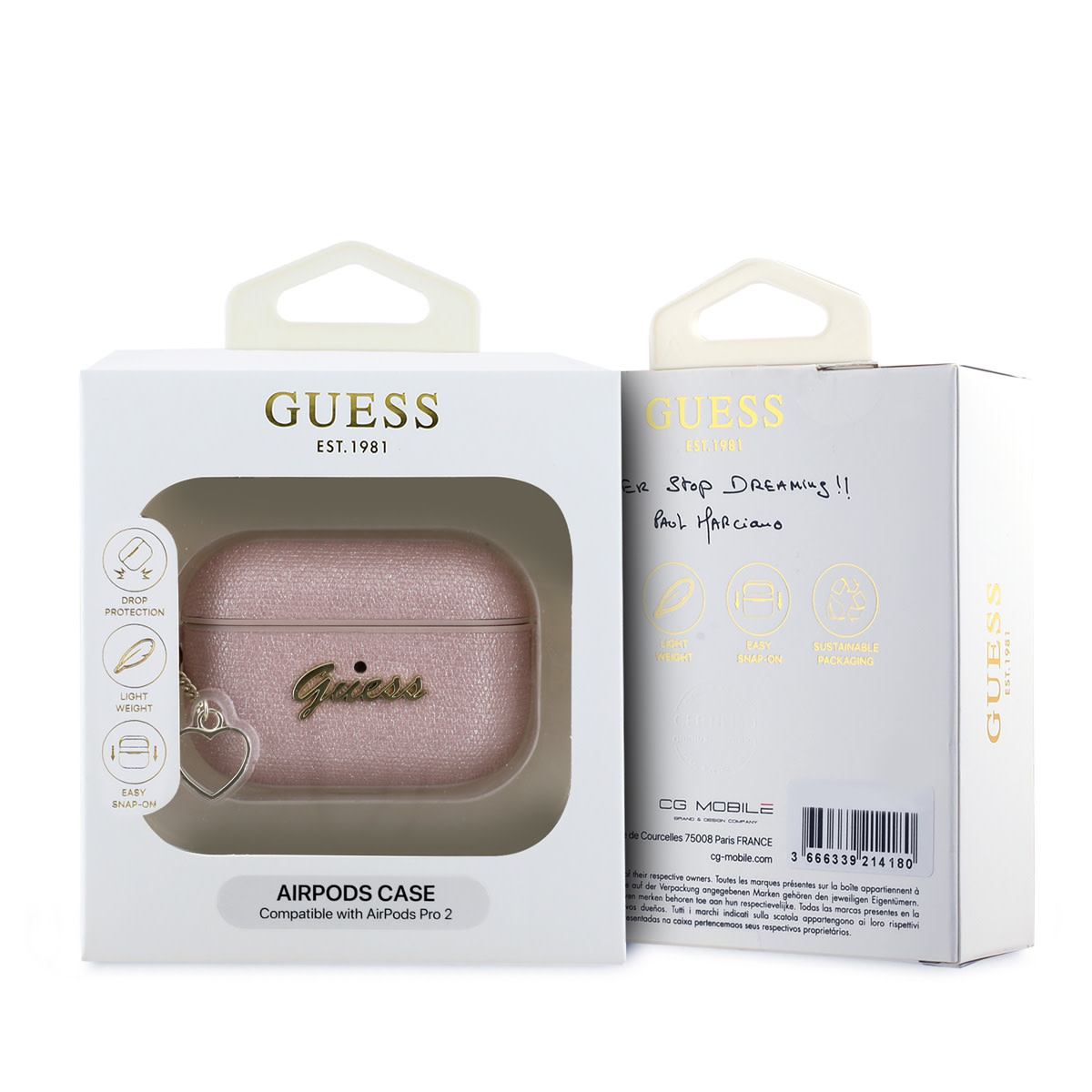 Guess Guess Airpods Pro & Pro 2 Case - Metallic Script - Heart Charm - Roze, foto 4 van 4