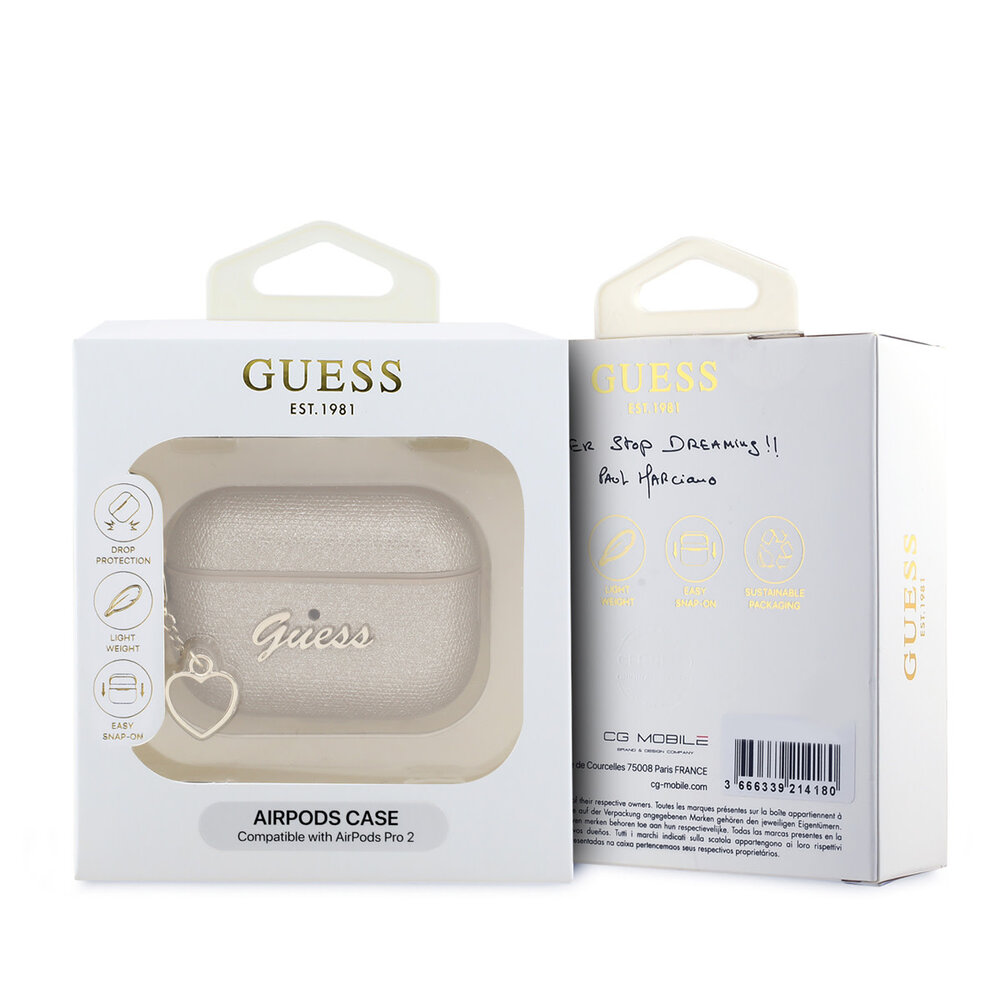 Guess Guess Airpods Pro & Pro 2 Case - Metallic Script - Heart Charm - Gold