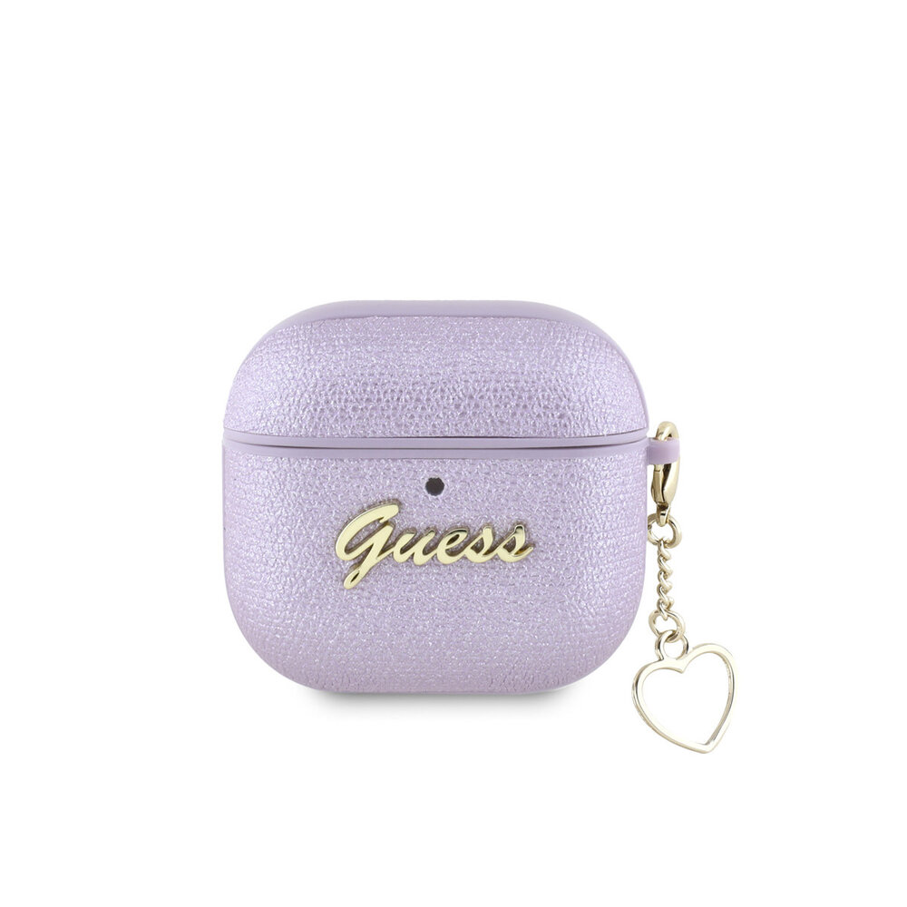 Guess Guess Airpods 4 Case - Metallic Script - Heart Charm - Purple